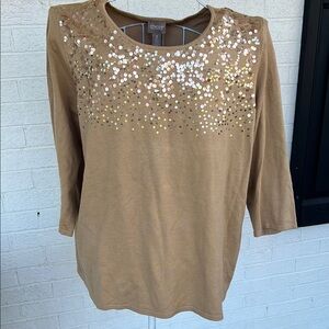 Chico's Tan and Gold Long Sleeve Tee